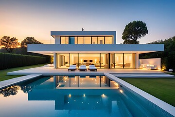 Exterior of modern minimalist cubic villa with swimming pool at sunset.