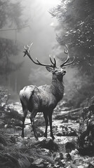 A black and white image of a proud stag standing in a forest clearing.