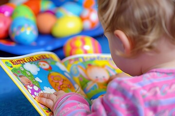 Fototapeta na wymiar Toddler Engrossed in an Easter-Themed Book