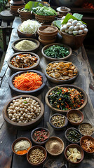 Traditional Korean side dishes in earthenware on a rustic wooden table.