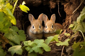 Naklejka na ściany i meble Baby rabbits emerging from a burrow amidst fresh spring foliage