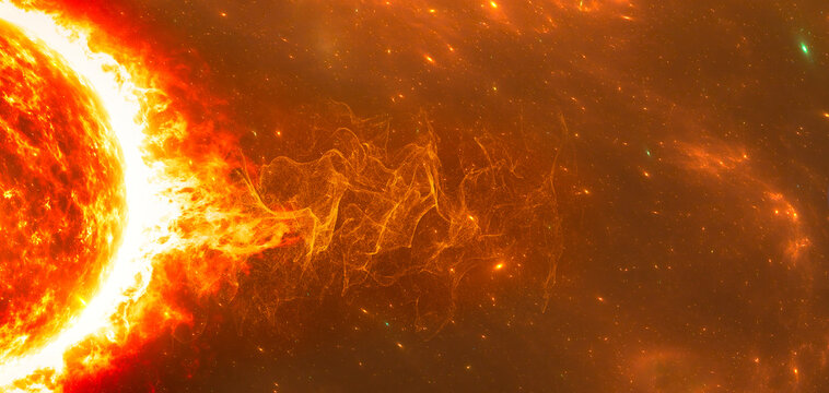 Sun and solar storm, solar wind, flow of particles. Rising temperatures. Global warming. Ozone hole. 3d rendering