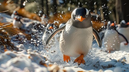 A hilarious scene featuring a clumsy penguin attempting to ice skate, with comical slips and slide - obrazy, fototapety, plakaty