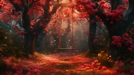 Foto op Canvas A heavenly garden with a swing nestled among towering cherry blossom trees, creating a scene strai © Jūlija