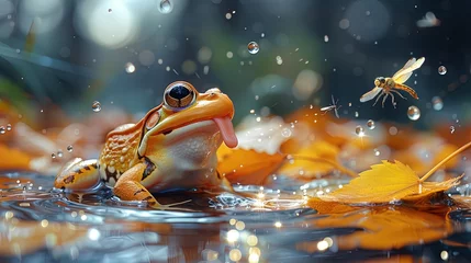 Fotobehang A funny cartoon frog attempting to catch flies with its tongue, but ending up with its tongue stuc © Jūlija