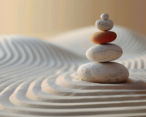 Fototapeta na wymiar Zen stones stacked in perfect balance on raked sand, symbolizing tranquility and meditation.