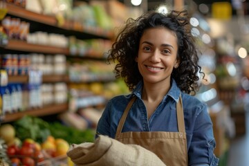 Friendly female shop worker in a grocery store with a natural smile.