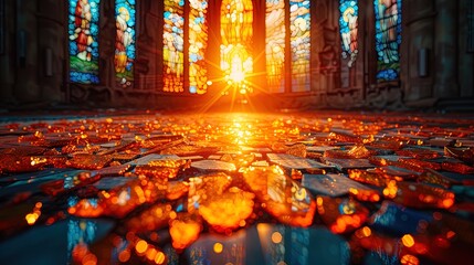 A shattered stained-glass window, with fragments of colored glass lying in a colorful mosaic on th