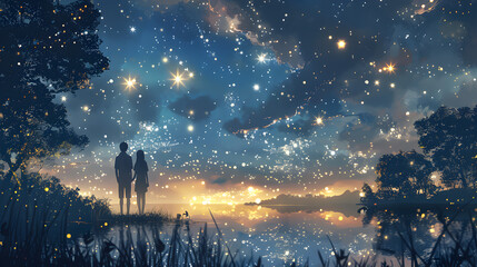 A couple stands by a lakeside under a celestial sky, with a magical mingling of starlight and fireflies.