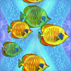 Yellow fish - seamless background pattern. Decorative composition on a watercolor background. Use printed products, posters, postcards, packaging, pattern on fabric, background image.