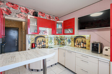 interior kitchen and dining room, refectory area, cooking equipment, table furniture, stove