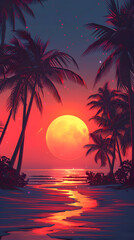Tropical scene with palm trees and full moon rising over a reflective ocean at sunset.