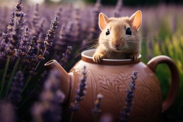 Dormouse peeking out of a teapot amidst a field of lavender