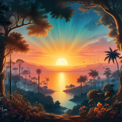 tropical sunset with trees.,sunset, tree, landscape, sun, sky, silhouette, nature, sunrise, illustration, summer, orange, desert, vector, cloud, trees, ,Ai generated 
