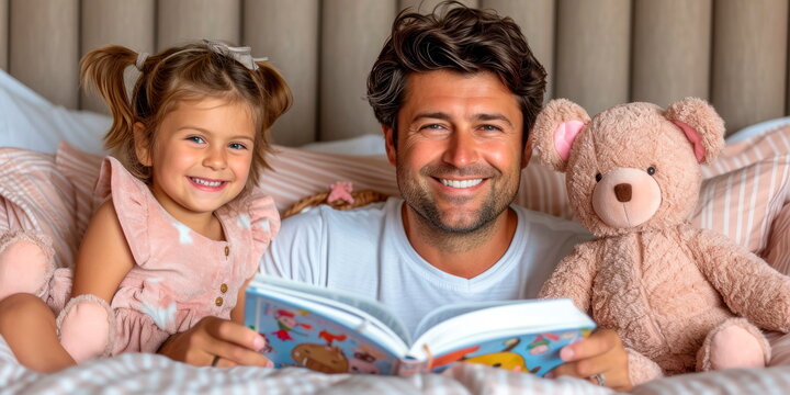 father reads a book to the children before bed.