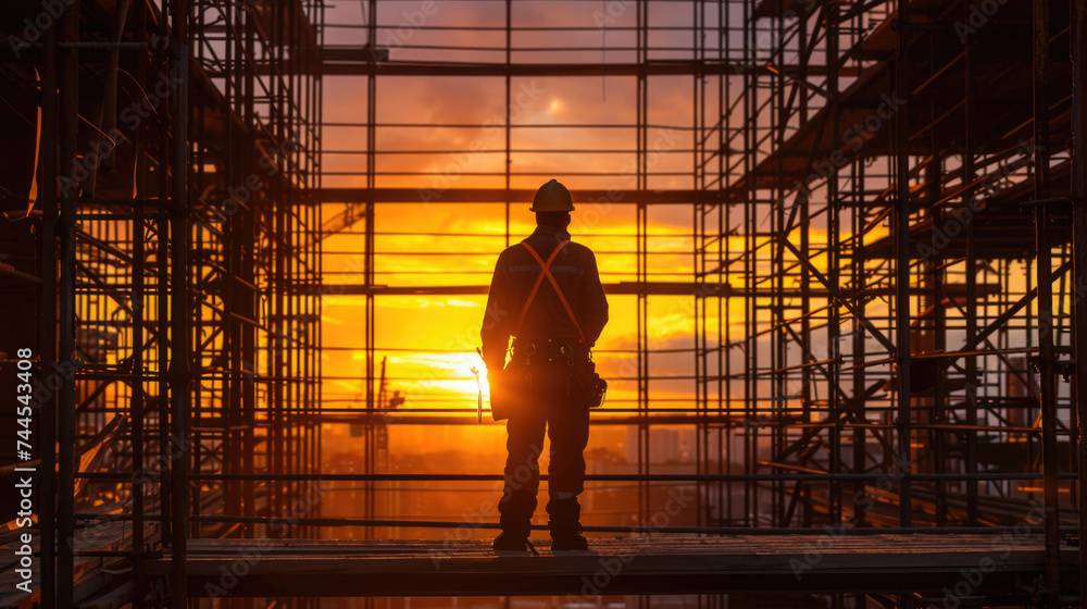 Poster construction worker look at buildings with towering cranes and intricate framework of buildings, mod