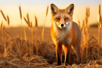Obraz premium Red fox standing alert in a field of ripe wheat, tinged by a setting sun