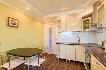 interior kitchen and dining room, refectory area, cooking equipment, table furniture, stove