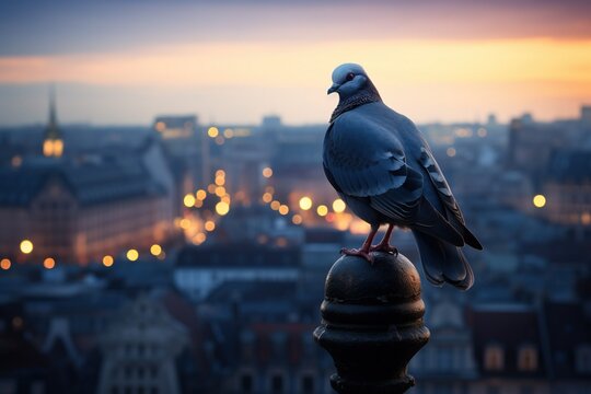Pigeon perched on a historic lamppost against a dusk city skyline