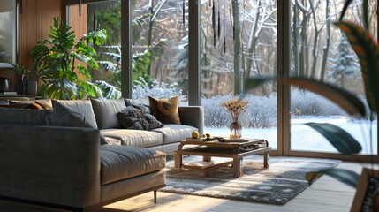 living room bathed in natural light, featuring plush grey sofas, a sleek coffee table