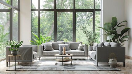 living room bathed in natural light, featuring plush grey sofas, a sleek coffee table - obrazy, fototapety, plakaty