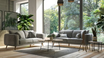 living room bathed in natural light, featuring plush grey sofas, a sleek coffee table