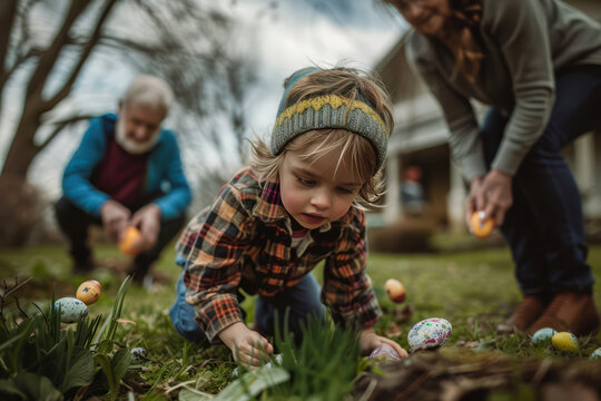 family hunting easter eggs