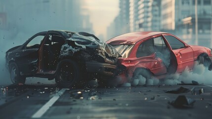 two vehicles entangled post-collision, illustrating the immediate aftermath of a traffic accident - obrazy, fototapety, plakaty