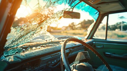 a shattered windshield after a car accident, highlighting the fragmented glass with stark realism against the backdrop of the vehicle's interior