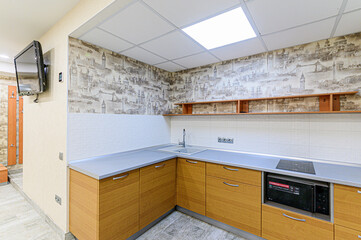 interior kitchen and dining room, refectory area, cooking equipment, table furniture, stove