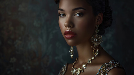 An elegant portrait of a woman adorned in luxurious jewelry against a dark moody background.
