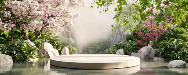 A podium set against a peaceful garden scene, perfect for promoting relaxation, wellness, or nature-inspired products