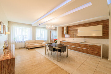 interior kitchen and dining room, refectory area, cooking equipment, table furniture, stove