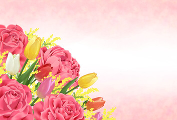 薔薇とチューリップとミモザの花束　ブーケ　背景素材　お祝い　入学　卒業　入社　メッセージカード　おしゃれ　エレガント