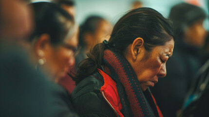 An emotional scene at an immigration processing center capturing the anxiety and hope of migrants as they await their fate. - obrazy, fototapety, plakaty