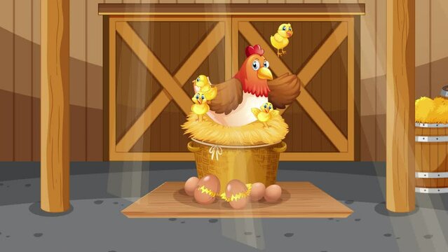 Cute animal animations of mother hen and her chicks with egg gathering and playing in the farm pen