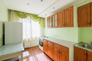 interior kitchen and dining room, refectory area, cooking equipment, table furniture, stove