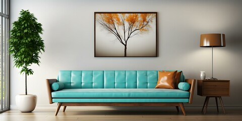 Midcentury modern living room with turquoise sofa wooden table and wall frame. Concept Turquoise Sofa, Wooden Table, Wall Frame, Midcentury Modern, Living Room