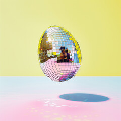 A disco ball in the shape of an Easter egg levitate in the air. Pastel color background.