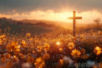  Christian Cross on a field at sunset © krishnendu