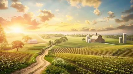 Poster A 3D render illustration of a traditional farm landscape at sunrise, with fields of crops, a barn, silos, and a winding dirt road © Amil