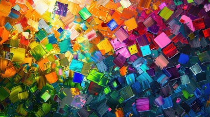 Colorful squares dance across a vibrant, multicolored canvas, igniting the imagination. Abstract background.