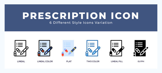 Prescription icon set with different styles. Design elements for logo. Vector illustration.