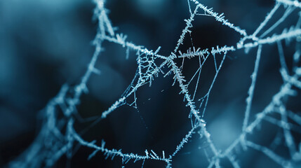 An icy frost covering a spider web on an early winter morning.
