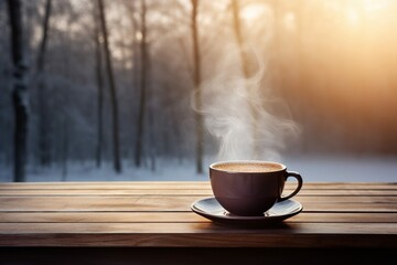 Steaming cup of Finnish coffee placed on a frozen wooden table outdoors - obrazy, fototapety, plakaty