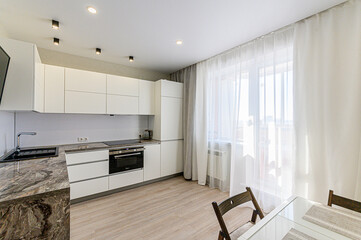 interior kitchen and dining room, refectory area, cooking equipment, table furniture, stove