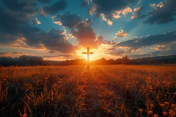 Christian Cross on a field at sunset - obrazy, fototapety, plakaty