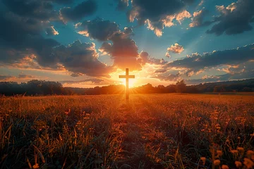 Afwasbaar fotobehang Christian Cross on a field at sunset © krishnendu