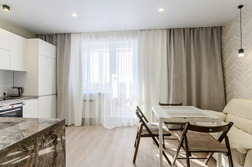 interior kitchen and dining room, refectory area, cooking equipment, table furniture, stove