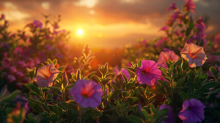 Fototapeta na wymiar Petunia garden bathed in the warm hues of the sunset. 
